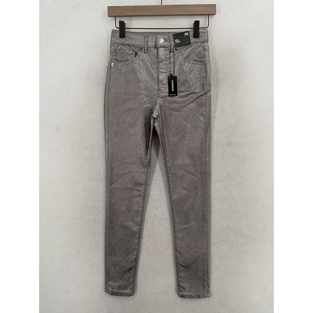 Express Skinny High Rise Jeans Womens 00 Silver Metallic Coated Stretch Preppy